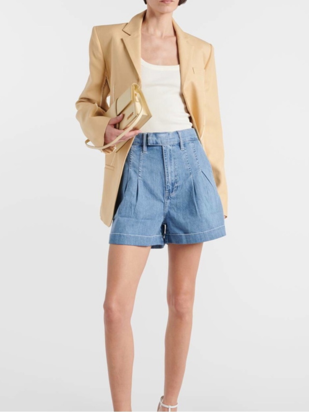 Frame Denim Light Blue High-Waist Pleated Shorts